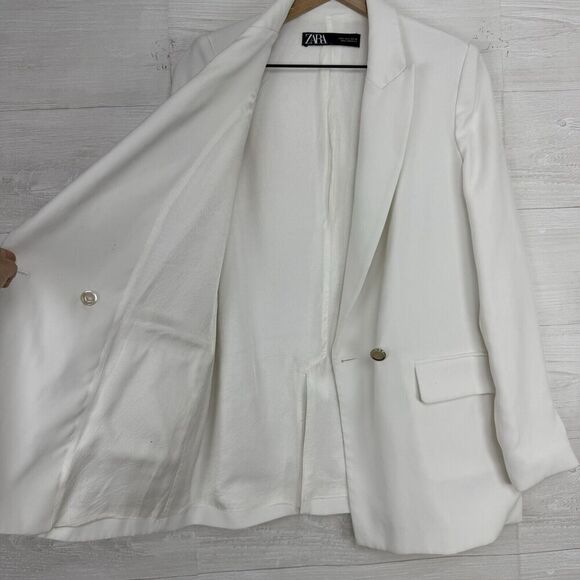 Zara Longline White Double Breasted‎ Blazer Women S Tailored Notch Collar Lined - Picture 6 of 16